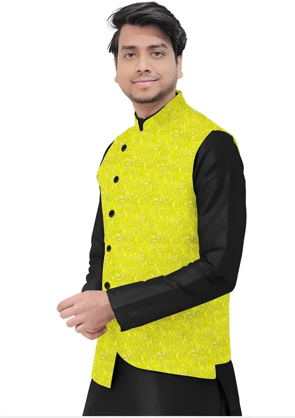 Yellow_Jacquard_Printed_Waistcoat_For_Men