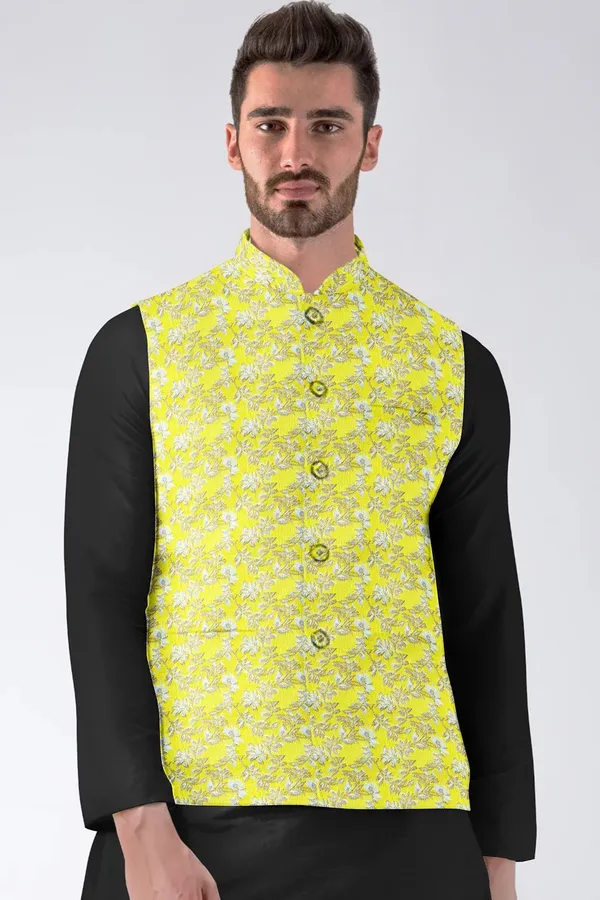 Yellow_Jacquard_Printed_Waistcoat_For_Men