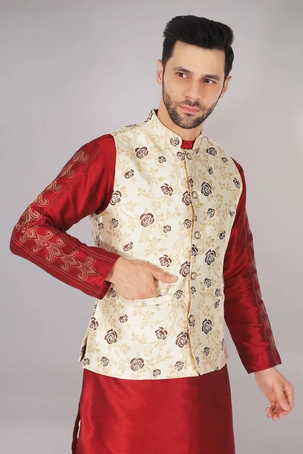 Beige_Jacquard_Printed_Waistcoat_For_Men