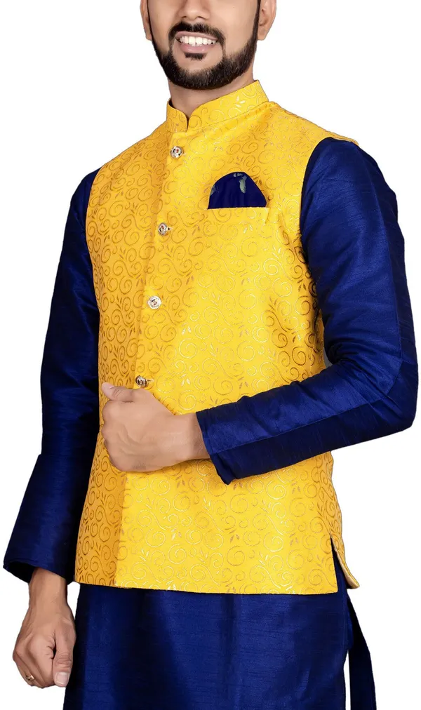 Yellow_Jacquard_Printed_Waistcoat_For_Men