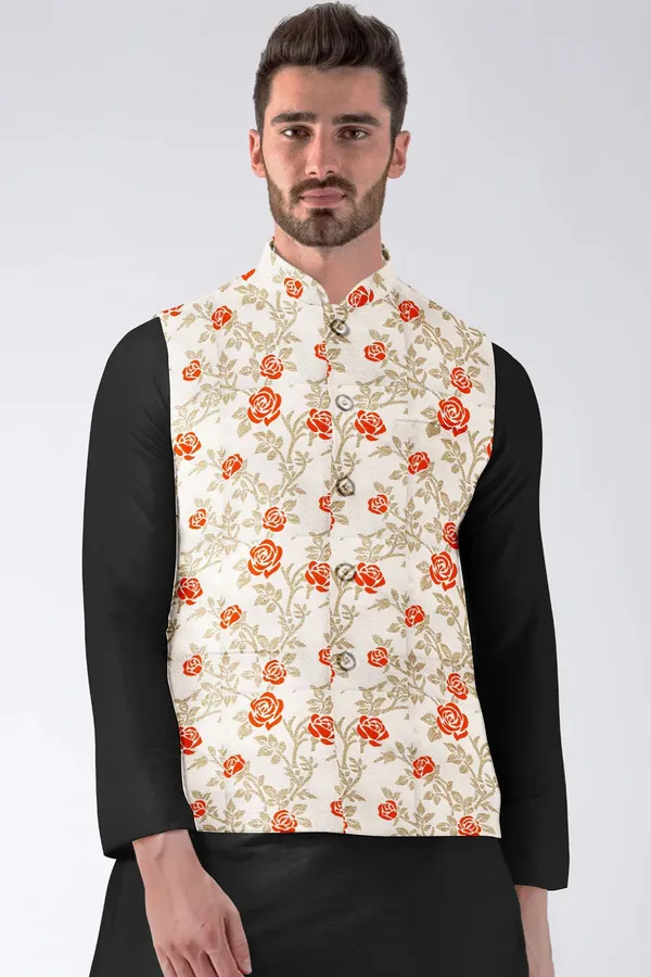 Orange_Jacquard_Printed_Waistcoat_For_Men
