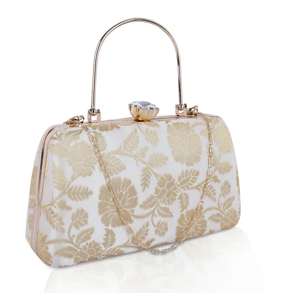 White_And_Gold_Banarasi_Jacquard_Clutch_Bag_For_Women
