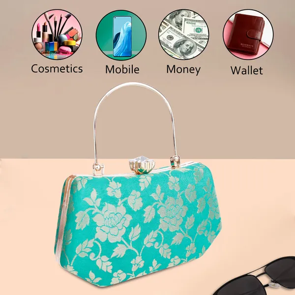Turquoise_Banarasi_Jacquard_Clutch_Bag_For_Women