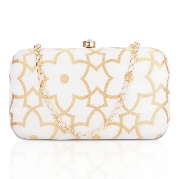 White_And_Gold_Banarasi_Jacquard_Clutch_Bag_For_Women