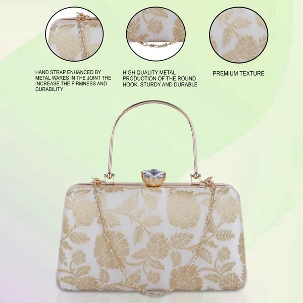 White_And_Gold_Banarasi_Jacquard_Clutch_Bag_For_Women