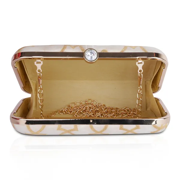 White_And_Gold_Banarasi_Jacquard_Clutch_Bag_For_Women