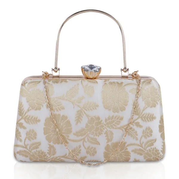 White_And_Gold_Banarasi_Jacquard_Clutch_Bag_For_Women