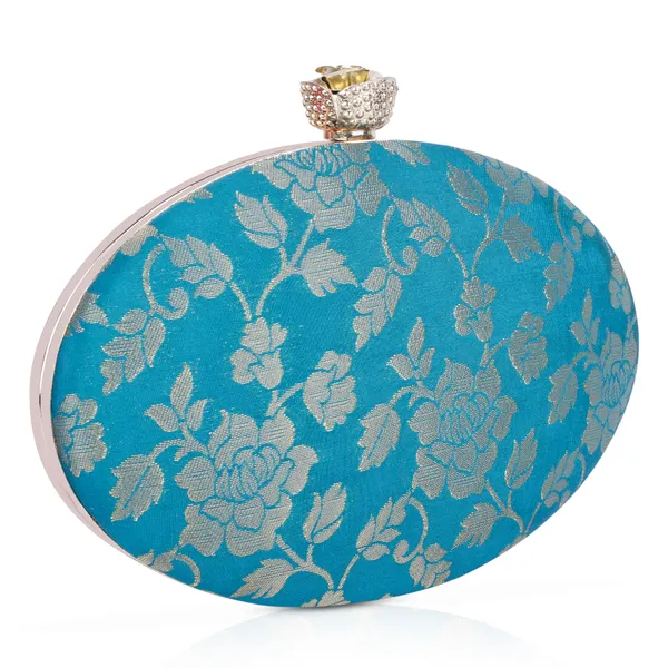 Turquoise_And_Blue_Banarasi_Jacquard_Clutch_Bag_For_Women