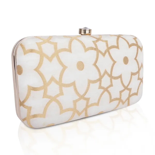 White_And_Gold_Banarasi_Jacquard_Clutch_Bag_For_Women