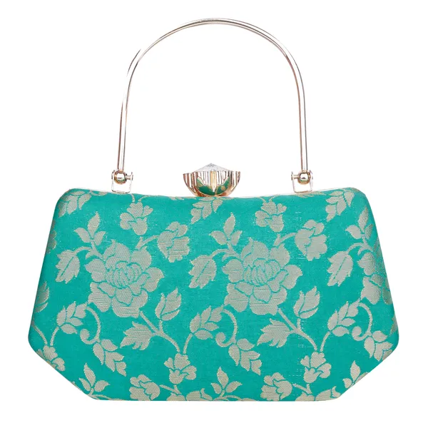 Turquoise_Banarasi_Jacquard_Clutch_Bag_For_Women