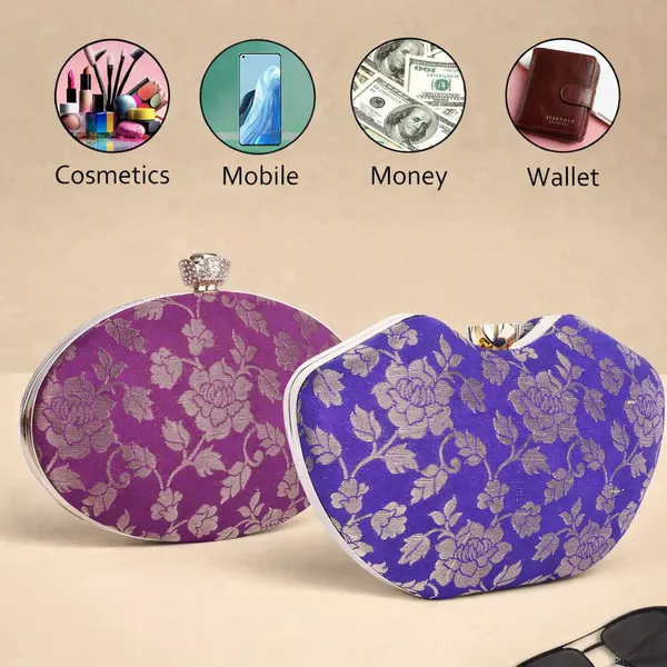 Pink_And_Purple_Banarasi_Jacquard_Clutch_Bag_For_Women_Pack_Of_2