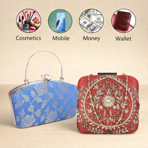 Blue_And_Red_Raw_Silk_Banarasi_Jacquard_Clutch_Bag_For_Women_Pack_Of_2