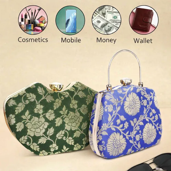 Green_And_Royal_Blue_Banarasi_Jacquard_Clutch_Bag_For_Women_Pack_Of_2