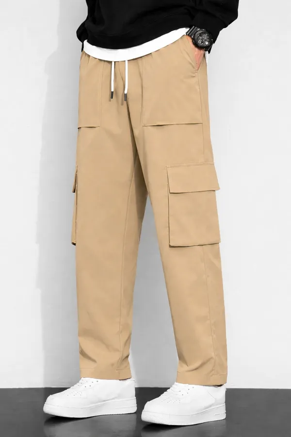Men_Khaki_Cargo_Pant_With_Multiple_Pockets_And_Drawstring_Waist