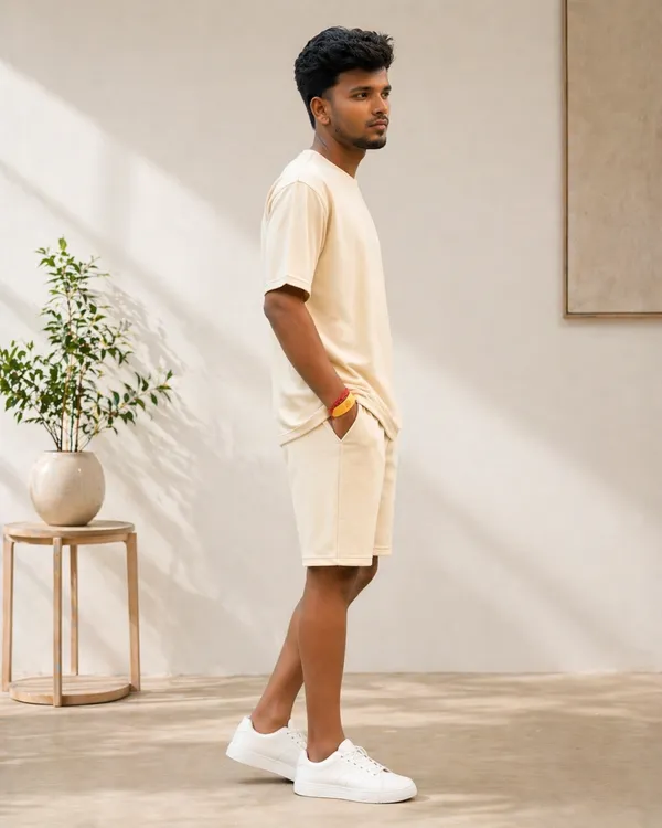 Men_Beige_Oversized_Coord_Set_With_T_Shirt_And_Shorts
