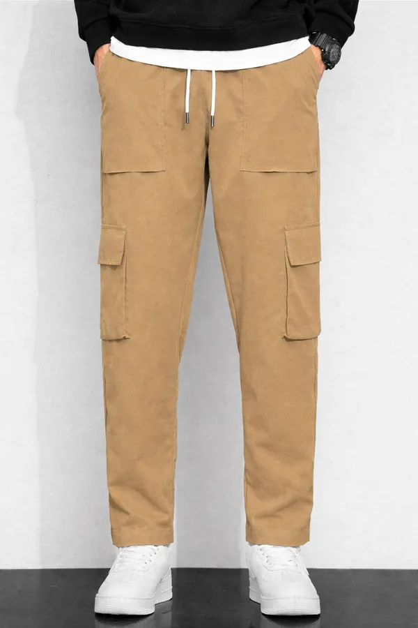 Men_Khaki_Cargo_Pant_With_Multiple_Pockets_And_Drawstring_Waist