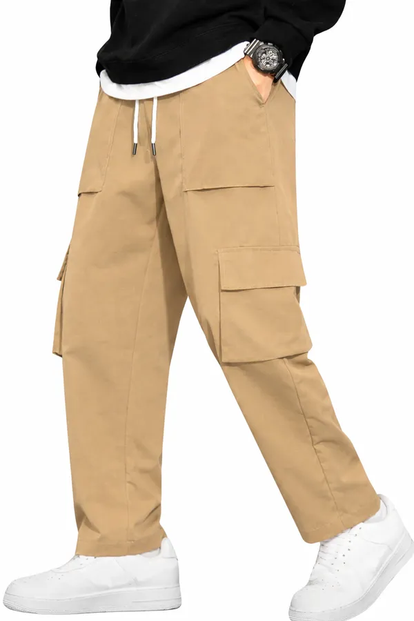 Men_Khaki_Cargo_Pant_With_Multiple_Pockets_And_Drawstring_Waist