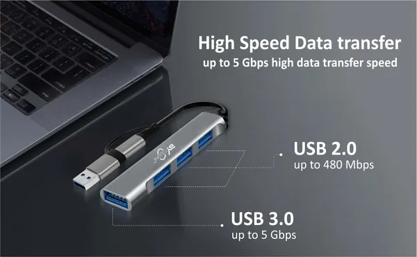 Bytegear_4-In-1_Usb_C_And_Usb_A_Hub_With_Usb_3.0_5Gbps_High-Speed_Port_And_Dual_Usb_2.0,_Multiport_Usb_Adapter_With_Smart_Chip,_Plug_And_Play,_Aluminum_Build|_Universal_For_Laptop_Macbook_Tablet
