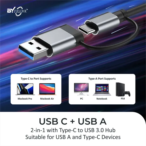 Bytegear_4-In-1_Usb_C_And_Usb_A_Hub_With_Usb_3.0_5Gbps_High-Speed_Port_And_Dual_Usb_2.0,_Multiport_Usb_Adapter_With_Smart_Chip,_Plug_And_Play,_Aluminum_Build|_Universal_For_Laptop_Macbook_Tablet