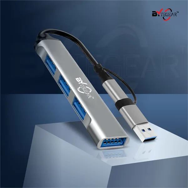 Bytegear_4-In-1_Usb_C_And_Usb_A_Hub_With_Usb_3.0_5Gbps_High-Speed_Port_And_Dual_Usb_2.0,_Multiport_Usb_Adapter_With_Smart_Chip,_Plug_And_Play,_Aluminum_Build|_Universal_For_Laptop_Macbook_Tablet