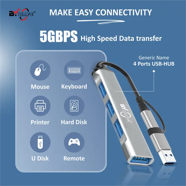 Bytegear_4-In-1_Usb_C_And_Usb_A_Hub_With_Usb_3.0_5Gbps_High-Speed_Port_And_Dual_Usb_2.0,_Multiport_Usb_Adapter_With_Smart_Chip,_Plug_And_Play,_Aluminum_Build|_Universal_For_Laptop_Macbook_Tablet