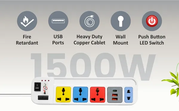 Bytegear_Pe-0075_Power_Strip_3+1_Universal_Multi_Color_Sockets_With_2_Usb_Type_A_And_1_Usb_Type_C_|_1500W_|_Led_Indicator_With_Master_Switch_|_Surge_And_Spike_Protection_|_5M_Durable_Copper_Cable_|_Ideal_For_Home_And_Office_Use_(Multicolor)