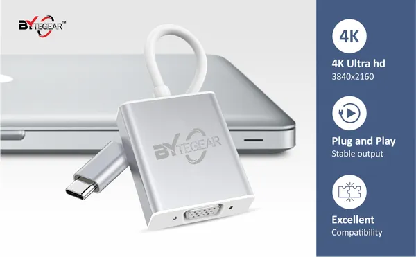 Bytegear_Usb-C_To_Vga_Adapter_-_1080P_Full_Hd,_Supports_Resolutions_Up_To_1920X1200,_Aluminum_Housing,_Plug_And_Play,_Compatible_With_Macbook_Pro,_Ipad_Pro,_Chromebook,_And_More_Cnv002