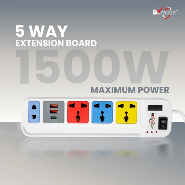 Bytegear_Pe-0075_Power_Strip_3+1_Universal_Multi_Color_Sockets_With_2_Usb_Type_A_And_1_Usb_Type_C_|_1500W_|_Led_Indicator_With_Master_Switch_|_Surge_And_Spike_Protection_|_5M_Durable_Copper_Cable_|_Ideal_For_Home_And_Office_Use_(Multicolor)