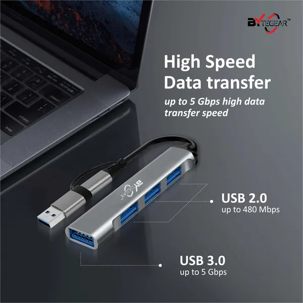 Bytegear_4-In-1_Usb_C_And_Usb_A_Hub_With_Usb_3.0_5Gbps_High-Speed_Port_And_Dual_Usb_2.0,_Multiport_Usb_Adapter_With_Smart_Chip,_Plug_And_Play,_Aluminum_Build|_Universal_For_Laptop_Macbook_Tablet