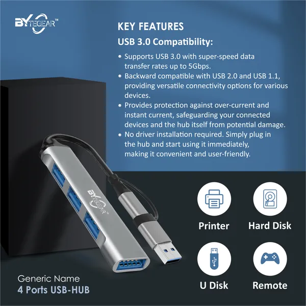 Bytegear_4-In-1_Usb_C_And_Usb_A_Hub_With_Usb_3.0_5Gbps_High-Speed_Port_And_Dual_Usb_2.0,_Multiport_Usb_Adapter_With_Smart_Chip,_Plug_And_Play,_Aluminum_Build|_Universal_For_Laptop_Macbook_Tablet