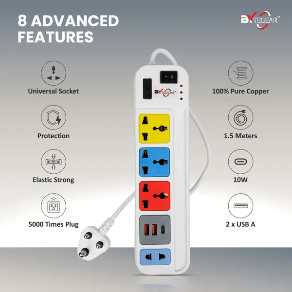 Bytegear_Pe-0075_Power_Strip_3+1_Universal_Multi_Color_Sockets_With_2_Usb_Type_A_And_1_Usb_Type_C_|_1500W_|_Led_Indicator_With_Master_Switch_|_Surge_And_Spike_Protection_|_5M_Durable_Copper_Cable_|_Ideal_For_Home_And_Office_Use_(Multicolor)