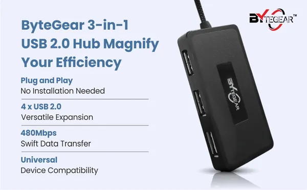 Bytegear_4-In-1_Usb_Hub_2.0_With_Hi-Speed_Data_Transfer_480_Mbps_I_Plug_And_Play_I_Universally_Compatible_With_Speaker,_Laptop,_Hard_Drive,_Pc,_Laptop_Etc._I_1_Year_Warranty|_Uh-0026_Pack_Of_2