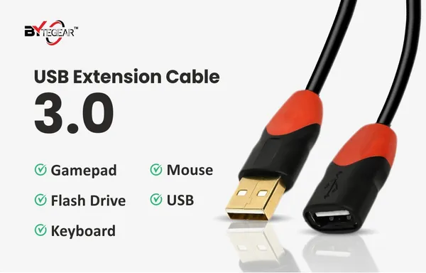 Bytegear_Usb_3.0_Male_To_Female_Extension_Cable_High_Speed_5Gbps_Data_Transfer_For_Keyboard,Mouse,Flash_Drive,_Hard_Drive,_Printer_And_More_To_Enhanced_Connectivity_Extender_Black_Pack_Of_2