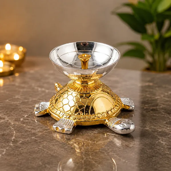 Decorative_Brass_Turtle_Diya_Golden_Finish_With_Silver_Bowl