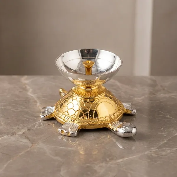 Decorative_Brass_Turtle_Diya_Golden_Finish_With_Silver_Bowl