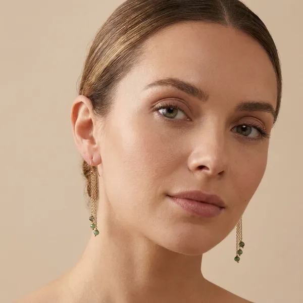 Elegant_Dangle_Earrings_With_Green_Stone_Beads_And_Gold_Chain