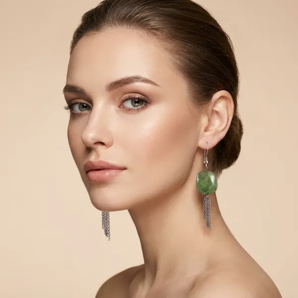 Green_Aventurine_Cushion_Bead_Drop_Earrings_With_Chain_Tassels