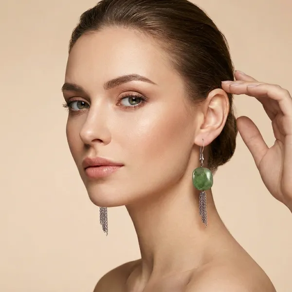 Green_Aventurine_Cushion_Bead_Drop_Earrings_With_Chain_Tassels