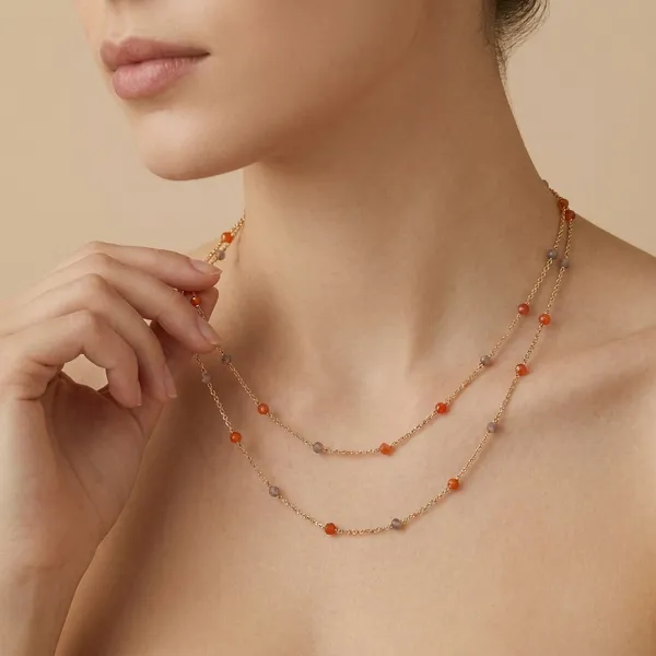 Rose_Gold_Multi_Strand_Beaded_Necklace_With_Orange_And_Purple_Gemstones