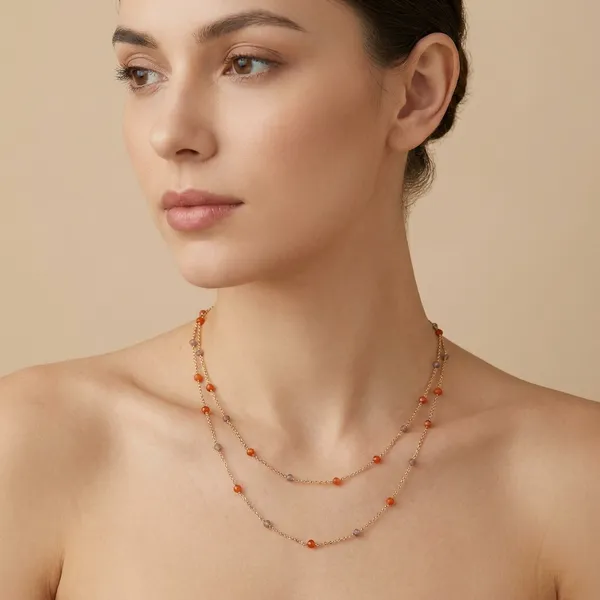 Rose_Gold_Multi_Strand_Beaded_Necklace_With_Orange_And_Purple_Gemstones