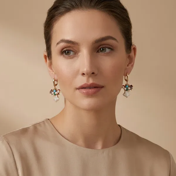 Multicolor_Pearl_And_Gemstone_Drop_Earrings_With_Gold_Tone_Hoop