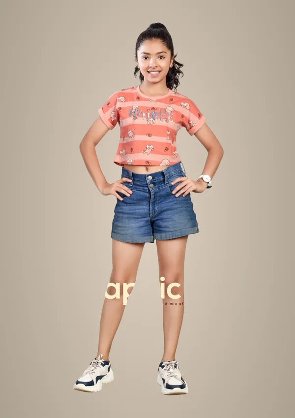 Girls_Peach_Graphic_Print_Crop_Top_With_Denim_Shorts_Set