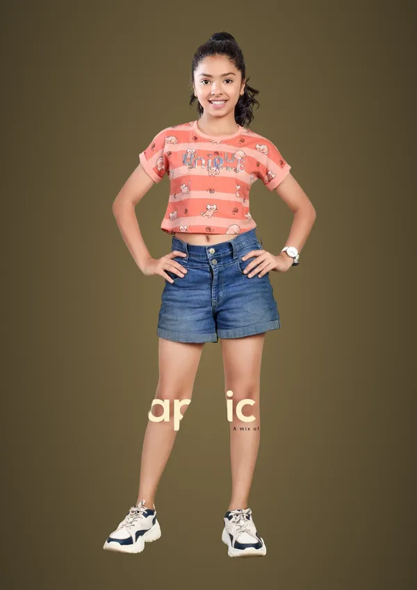 Girls_Peach_Graphic_Print_Crop_Top_With_Denim_Shorts_Set