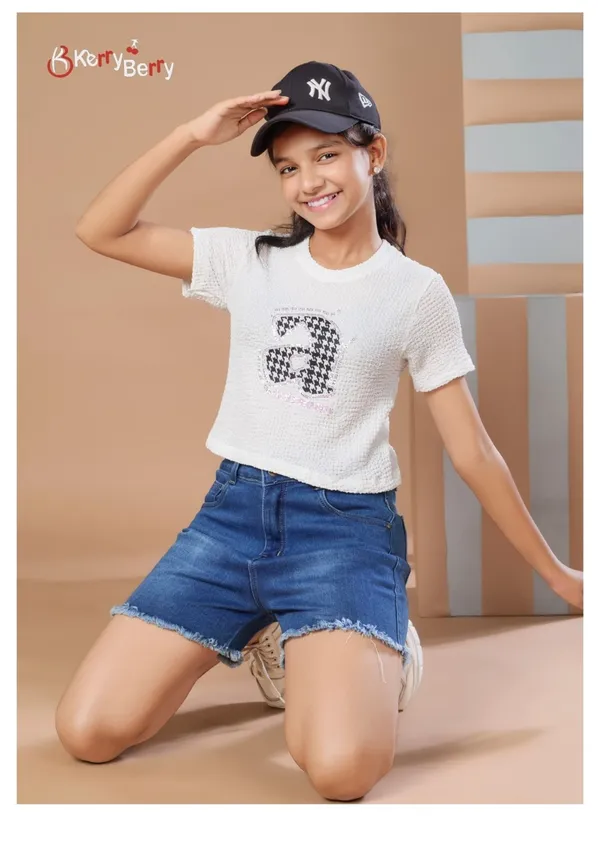 Girls_White_Sequined_Top_With_Denim_Shorts_Outfit