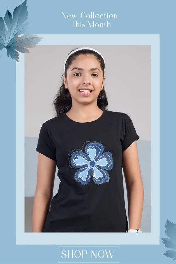 Sparkling_Blue_Flower_Black_T-Shirt_For_Girls