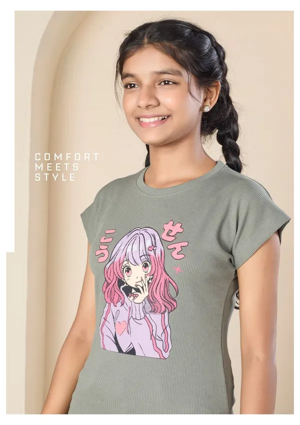 Girls_Olive_Green_Anime_Graphic_Print_T-Shirt