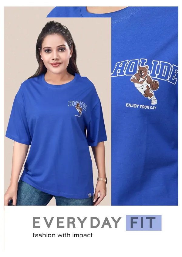 Women'S_Blue_Round_Neck_Graphic_T-Shirt_-_Holide_Print_With_Teddy_Bear