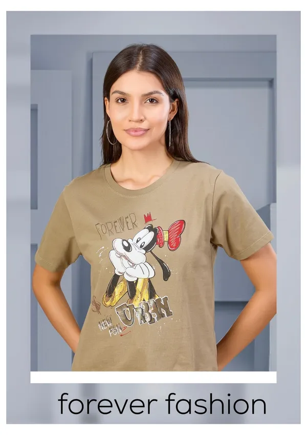 Women'S_Olive_Green_Graphic_T-Shirt_With_Mickey_&_Minnie_Print