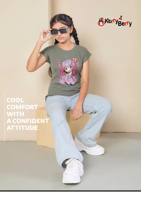 Girls_Olive_Green_Anime_Graphic_Print_T-Shirt