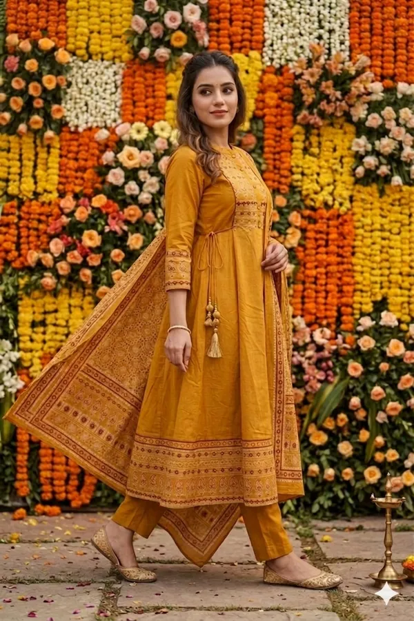 Mustard_Cotton_Anarkali_Set_For_Women_And_Girls